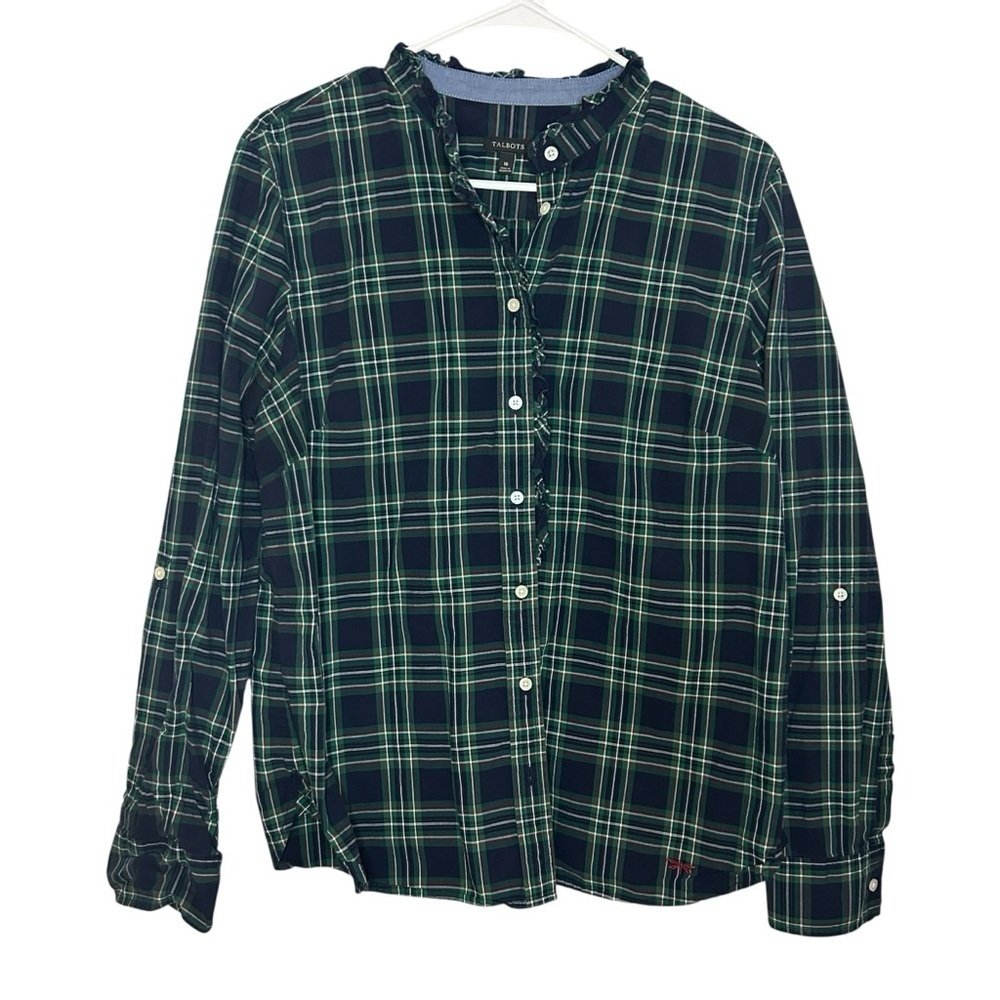 Talbots Plaid Ruffle Button Down Shirt Green Navy Cotton Women’s 16